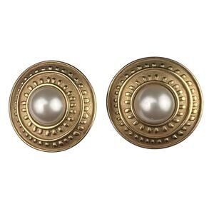 Erwin Pearl Large 1.5" Round Clip On Earrings Brushed Gold Faux Pearl Center